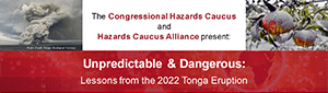 A promotional graphic for a webinar titled Unpredictable and Dangerous: Lessons from the 2022 Tonga Eruption