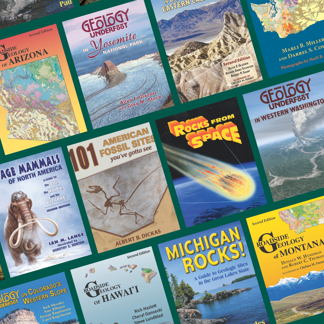 Brightly colored book covers illustrating geology, earth science, and maps are arranged in a grid-like pattern tilted roughly 30 degrees north against a teal green background.